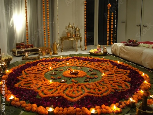 Intricate rangoli design with diyas, Diwali festive lights, marigold garlands: Diwali celebration, Indian culture decor, festive floral arrangements photo