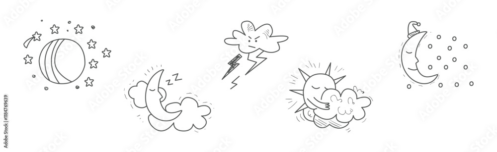 Cute Weather Line Object and Doodle Drawn Element Vector Set Cute Weather Line Object and Doodle Drawn Element Vector Set
