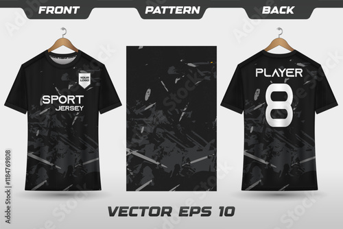 T-shirt sport jersey design template with abstract grunge halftone pattern background. Sport uniform in front view. T-shirt mock up for sport club. Vector Illustration