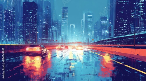 Wallpaper Mural Futuristic Night Cityscape: Cars on a Rain-Soaked Highway with Neon Reflections Torontodigital.ca