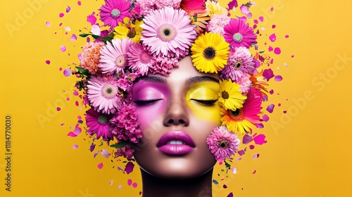Wallpaper Mural Vibrant portrait of a young woman adorned with a crown of colorful flowers against a sunny yellow backdrop. Torontodigital.ca