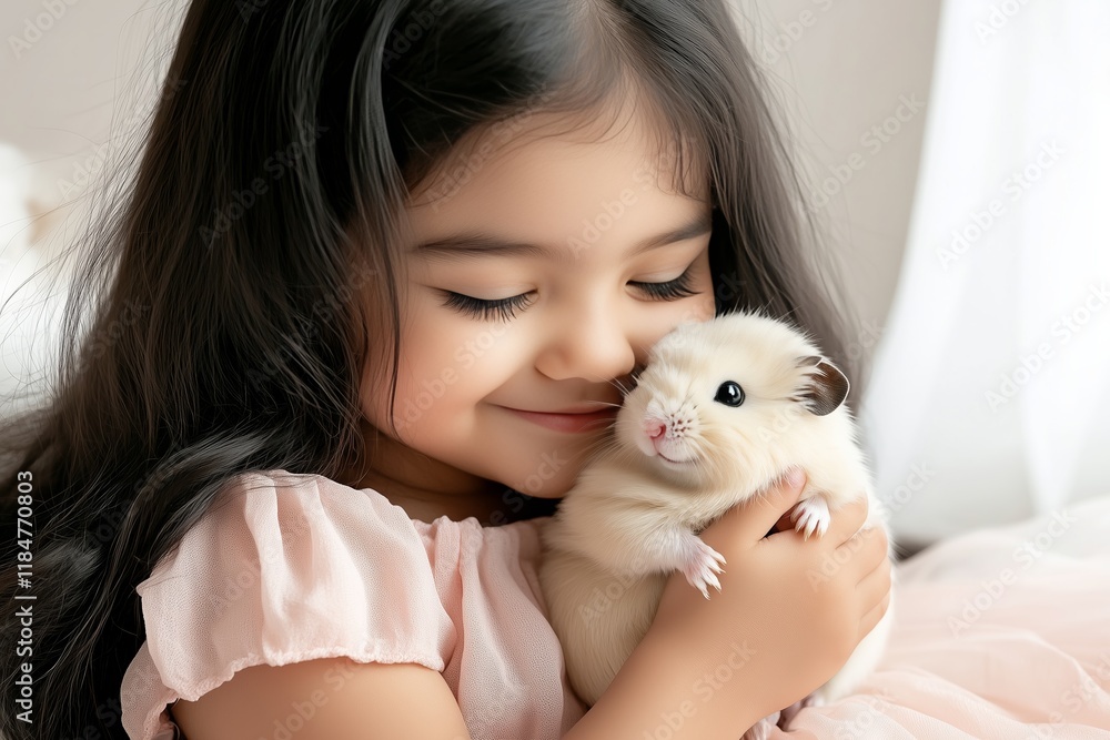 Little Girl is Hugging Fluffy Hamster Indoors. Her Eyes are Closed, and She is Smiling. She is Wearing a Pink Dress. Warm Light Creates a Cozy Atmosphere. AI generated Little Girl is Hugging Fluffy Hamster Indoors. Her Eyes are Closed, and She is Smiling. She is Wearing a Pink Dress. Warm Light Creates a Cozy Atmosphere. AI generated