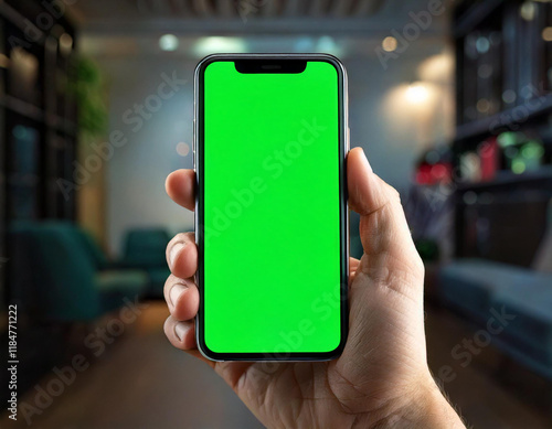 A close-up of a smartphone displaying mockup with green screen