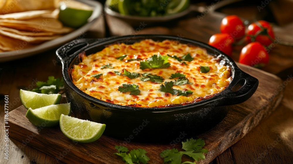 A vibrant presentation of hot cheese corn served in a decorative skillet, garnished with fresh cilantro and lime wedges, creating an appetizing and inviting look. A vibrant presentation of hot cheese corn served in a decorative skillet, garnished with fresh cilantro and lime wedges, creating an appetizing and inviting look.