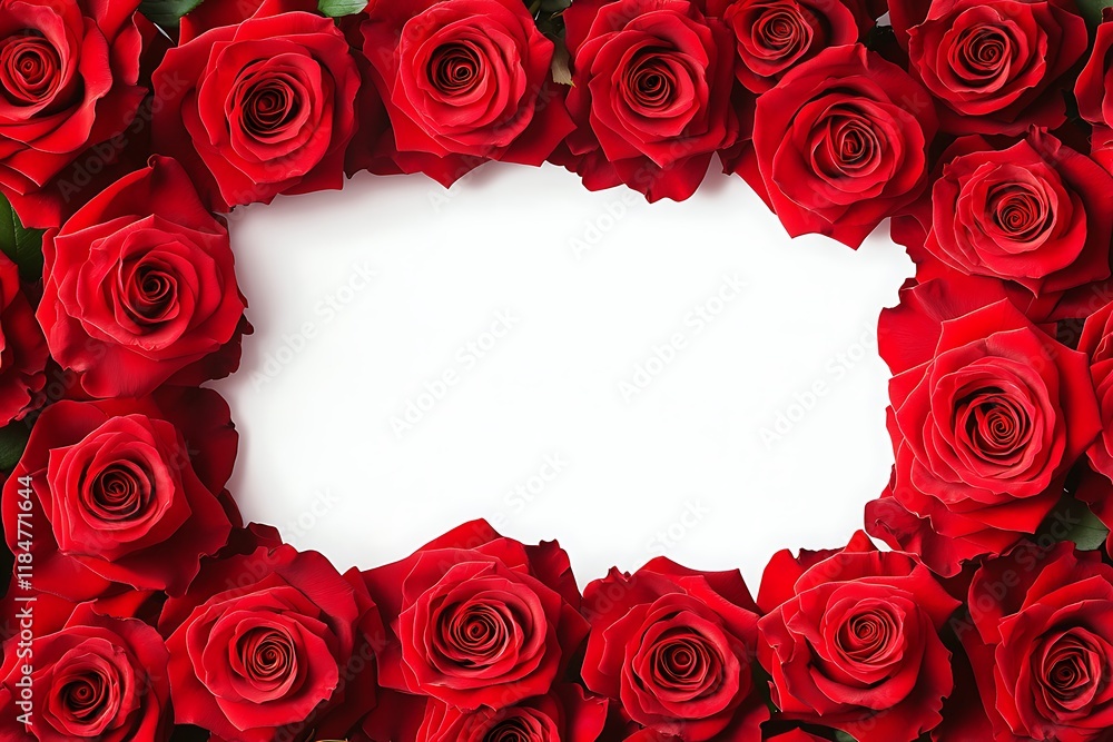 High-resolution image of a frame made entirely of vibrant red roses with ample white space in the center for custom messages. High-resolution image of a frame made entirely of vibrant red roses with ample white space in the center for custom messages.