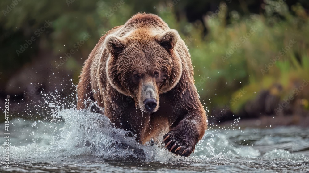 A powerful bear splashes through water, showcasing its strength and agility in a natural setting. A powerful bear splashes through water, showcasing its strength and agility in a natural setting.