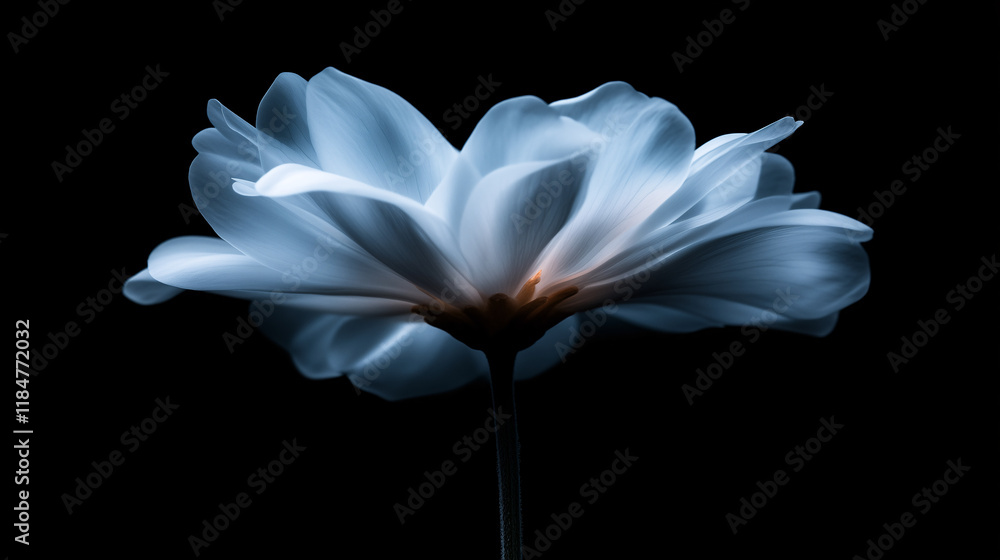 blue abstract watercolor X-ray image of elegant floating flower on a black background blue abstract watercolor X-ray image of elegant floating flower on a black background