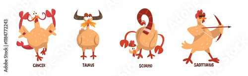 Zodiac Sign with Funny Chick Character Vector Set