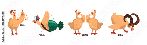 Zodiac Sign with Funny Chick Character Vector Set