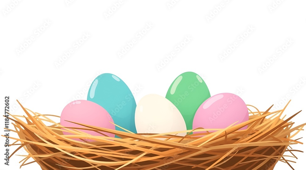 Naklejka premium Colorful Easter eggs in a straw nest on a white background