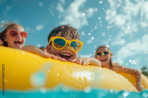 Children laughing on yellow inflatable in pool