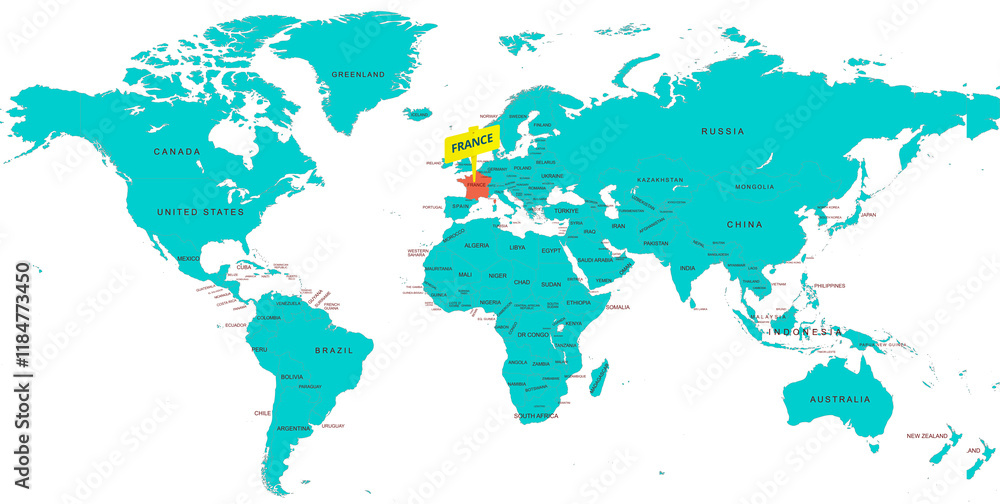 Fototapeta premium World Map Highlighting Country of France With Geographic Details