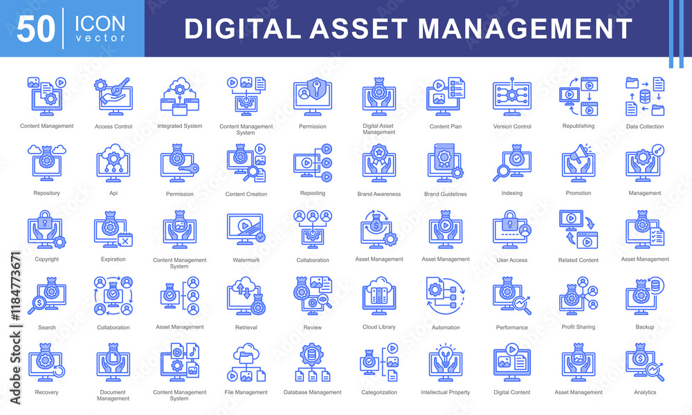 Digital Asset Management icon collection set. Containing repository, cloud file ,database ,indexing, version control, cms, content icon. Simple vectors illustration. Digital Asset Management icon collection set. Containing repository, cloud file ,database ,indexing, version control, cms, content icon. Simple vectors illustration.