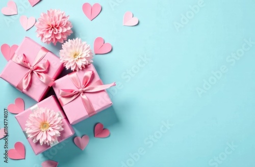Wallpaper Mural Top view of pink gifts, flowers and paper hearts on a blue background with space for inscription. Concept for lovers and women's day. Torontodigital.ca