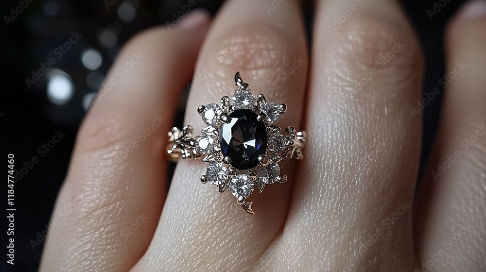 Obraz premium Unique one of a kind rainbow sapphire diamond ring showcased on a hand in elegant setting