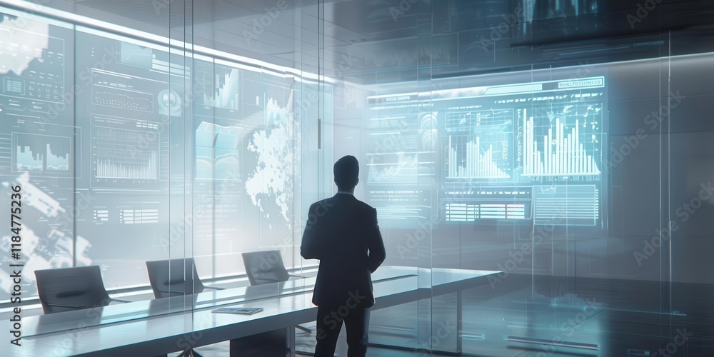 A professional observing data analytics in a modern office setting. A professional observing data analytics in a modern office setting.