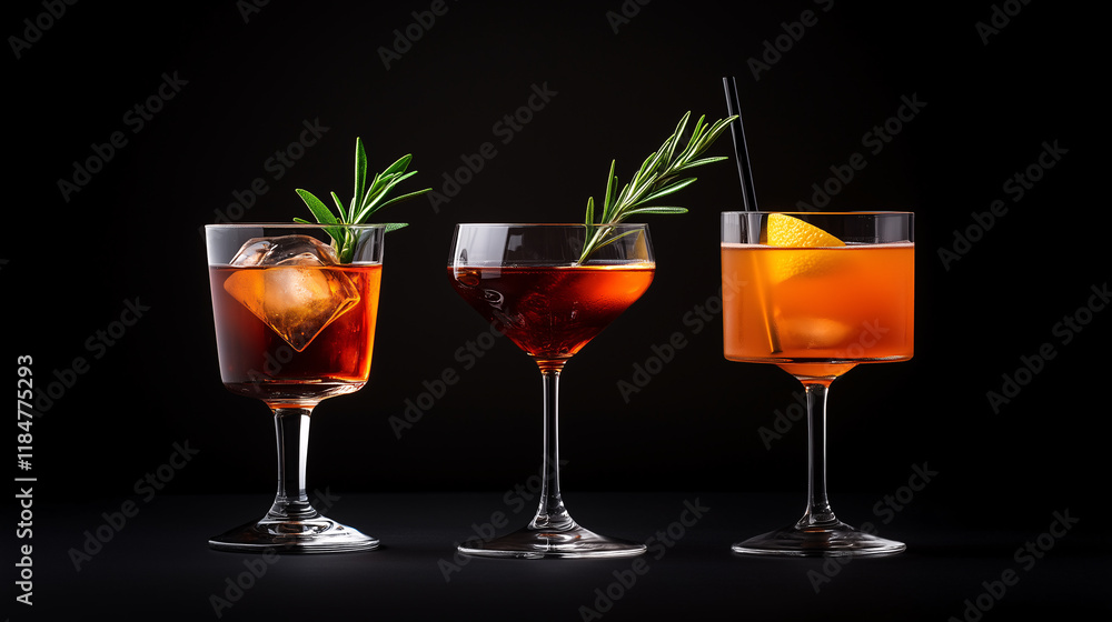 three clear glass filled with vibrant red and yellow cocktails garnished with mind, ice cubes and orange again dark black background three clear glass filled with vibrant red and yellow cocktails garnished with mind, ice cubes and orange again dark black background