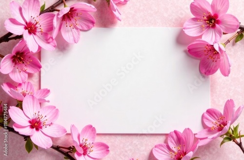 Banner with space for an inscription. Top view of a sakura branch on a pale pink background with space for an inscription. International Women's Day.