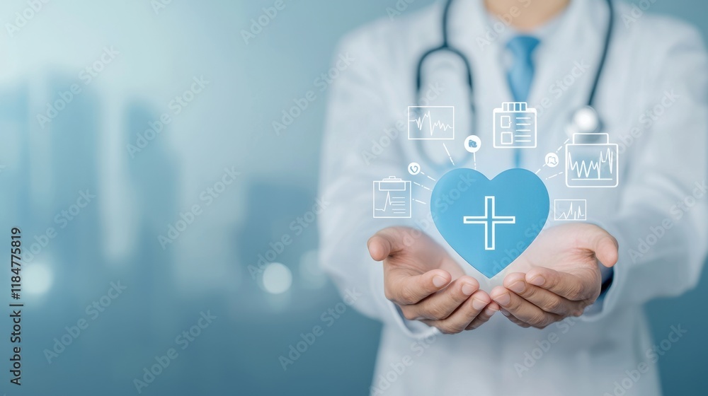 Medical worker protecting heart symbol with hands in a caring gesture. abstract background Medical worker protecting heart symbol with hands in a caring gesture. abstract background