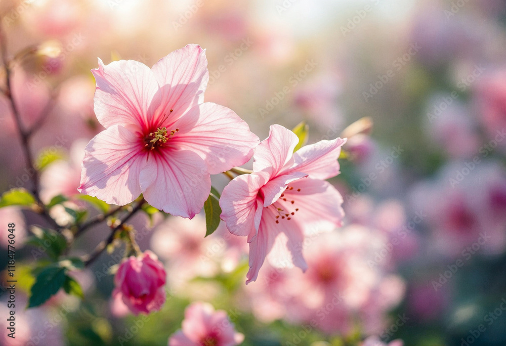 Fototapeta premium Flowers blooming in soft pink and white colors with delicate petals and green leaves in a garden setting featuring nature, spring, blossom