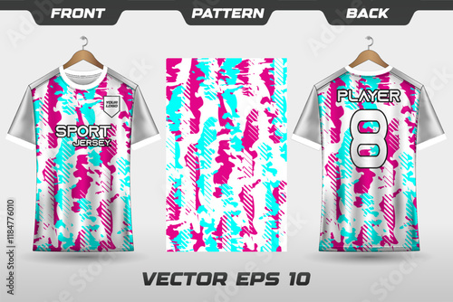 T-shirt sport jersey design template with abstract grunge halftone pattern background. Sport uniform in front view. T-shirt mock up for sport club. Vector Illustration