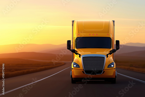 Bright yellow truck driving along empty highway at sunset in tranquil landscape