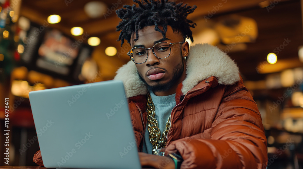 Fototapeta premium Young Man Working on Laptop in Cozy Cafe with Warm Lighting and Modern Style