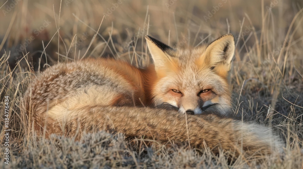 Fototapeta premium A resting red fox nestled in dry grass, showcasing its vibrant fur and alert expression.