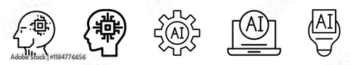 Artificial intelligence set of web icons inline style. AI technology icons for web and mobile apps. Machine learning, digital AI technology, algorithms, smart robotics, cloud computing network.