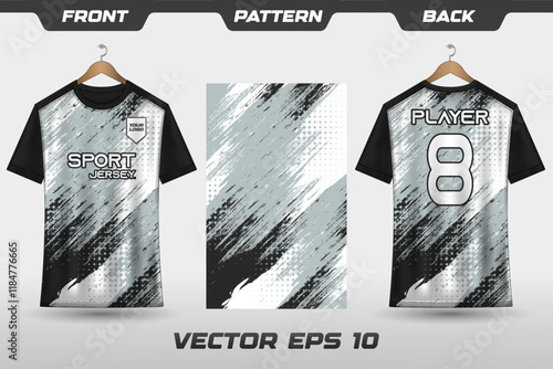 T-shirt sport jersey design template with abstract grunge halftone pattern background. Sport uniform in front view. T-shirt mock up for sport club. Vector Illustration