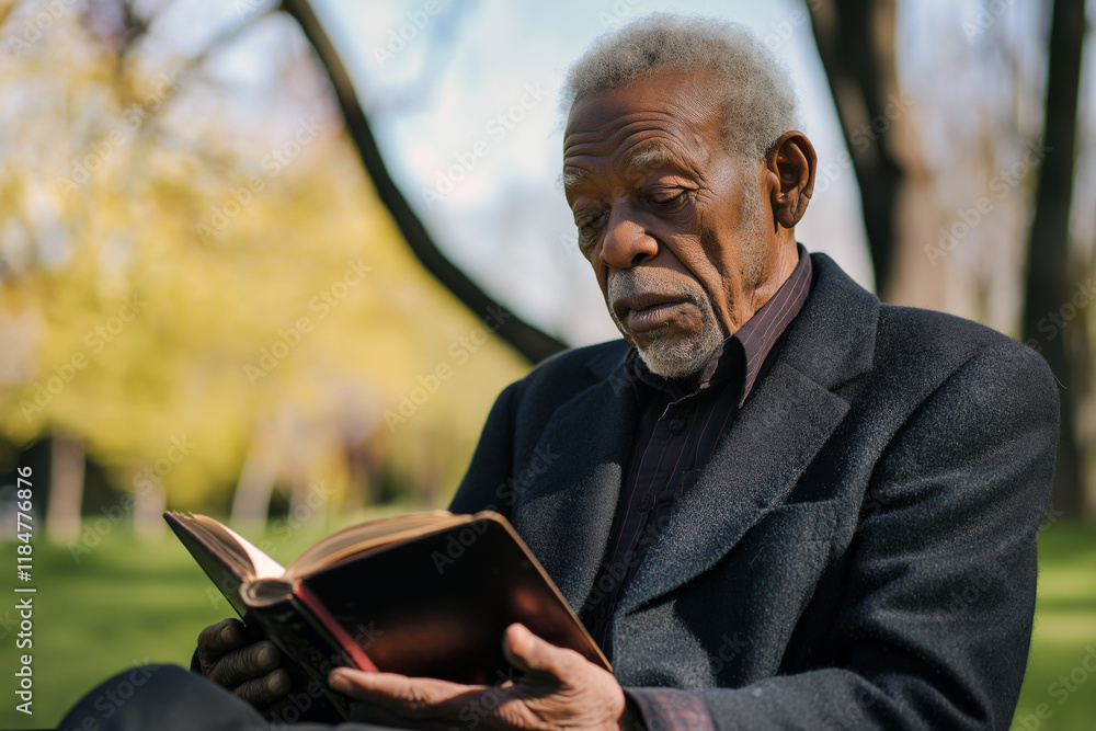 Elderly African American man reading a book in a peaceful park. Elderly African American man reading a book in a peaceful park.