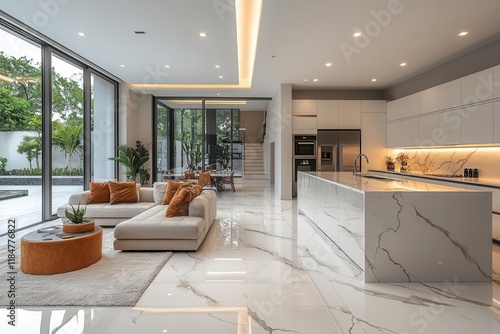 ultra modern luxury kitchen interior with custom white marble countertops and premium appliances in contemporary architectural style