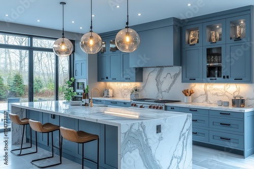 ultra modern luxury kitchen interior with custom white marble countertops and premium appliances in contemporary architectural style