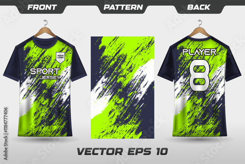 T-shirt sport jersey design template with abstract grunge halftone pattern background. Sport uniform in front view. T-shirt mock up for sport club. Vector Illustration