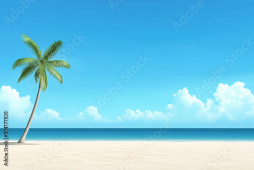 Relaxing beach with a single palm tree under a blue sky and calm ocean