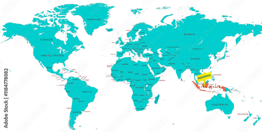 Fototapeta premium World Map Highlighting Country of Indonesia With Geographic Details