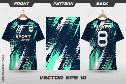 T-shirt sport jersey design template with abstract grunge halftone pattern background. Sport uniform in front view. T-shirt mock up for sport club. Vector Illustration