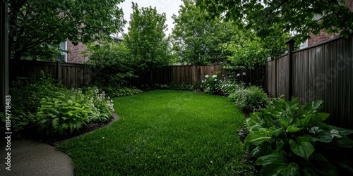 Large backyard garden of a suburban house with lush green trees on terrace with grassy lawn on sunny summer day in house garden