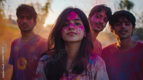 Portrait of a small group of young people at the holi festival in india. colored smiling indian faces with vibrant colors during the celebration of the holi festival in India. Famous Hinu festival of  photo