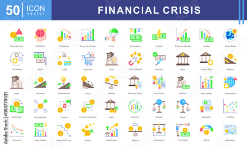 Economy Crisis icon collection set. Containing depressions, economic downturn, financial meltdown, stock marker cash, recession, credit crunch, default, trade war icon. Simple vectors illustration.