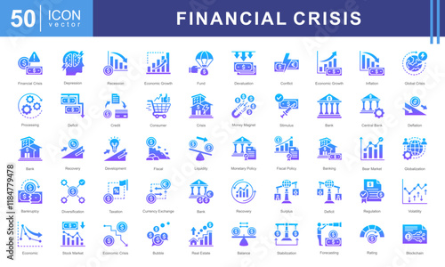 Economy Crisis icon collection set. Containing depressions, economic downturn, financial meltdown, stock marker cash, recession, credit crunch, default, trade war icon. Simple vectors illustration.