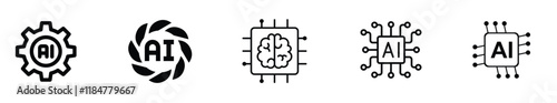 Artificial intelligence set of web icons inline style. AI technology icons for web and mobile apps. Machine learning, digital AI technology, algorithms, smart robotics, cloud computing network.