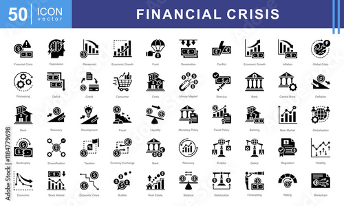 Economy Crisis icon collection set. Containing depressions, economic downturn, financial meltdown, stock marker cash, recession, credit crunch, default, trade war icon. Simple vectors illustration.