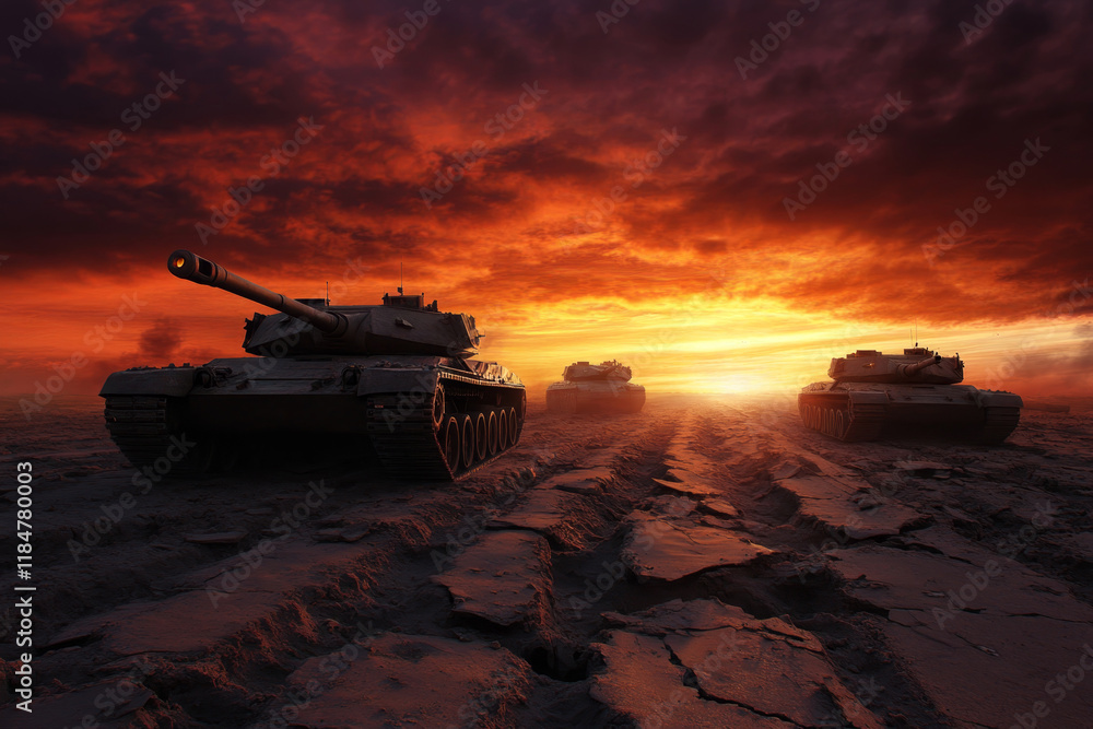 Military tanks advance at sunset across a desolate battlefield with dramatic clouds and fiery colors Military tanks advance at sunset across a desolate battlefield with dramatic clouds and fiery colors