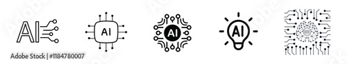 Artificial intelligence set of web icons inline style. AI technology icons for web and mobile apps. Machine learning, digital AI technology, algorithms, smart robotics, cloud computing network.