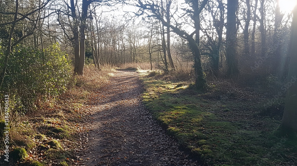 Obraz premium Sunlit woodland path through deciduous trees.