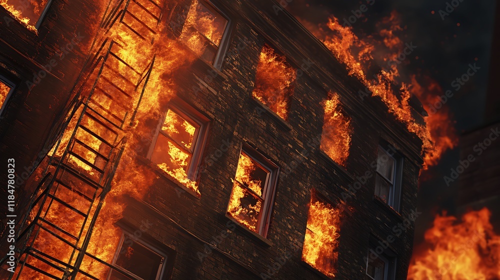 Obraz premium flames in building with ladder during emergency operation