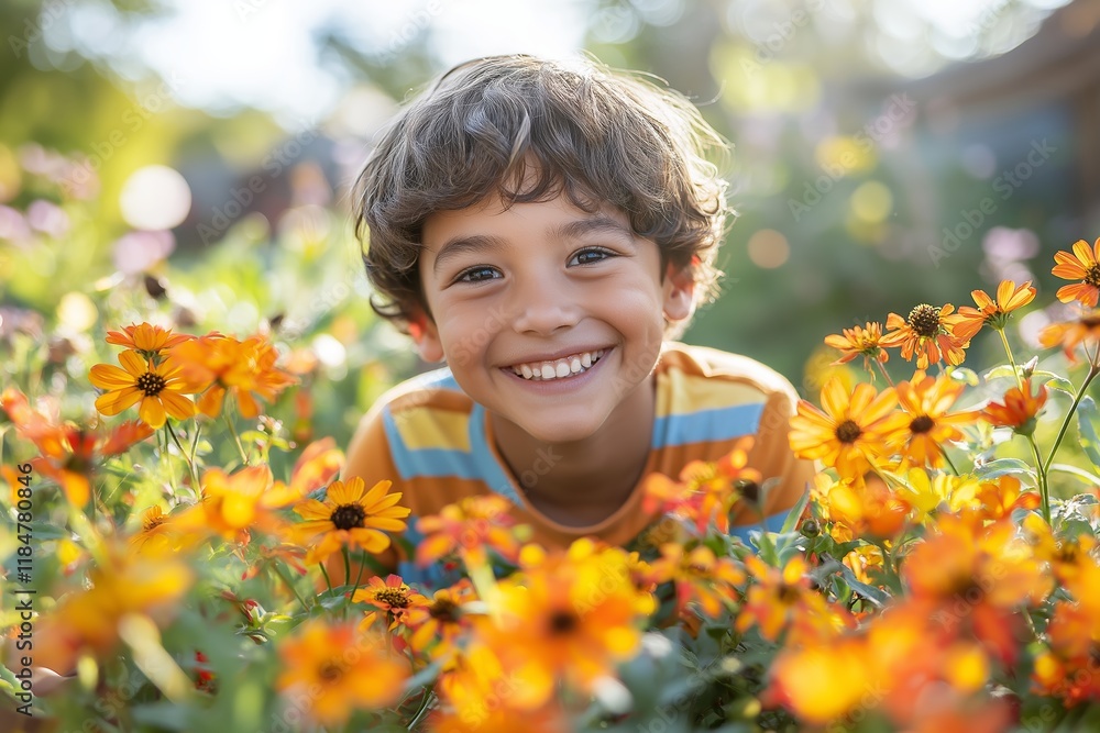 A joyful child smiles among vibrant spring flowers, embodying the cheerful spirit of Easter and the beauty of the season. A joyful child smiles among vibrant spring flowers, embodying the cheerful spirit of Easter and the beauty of the season.