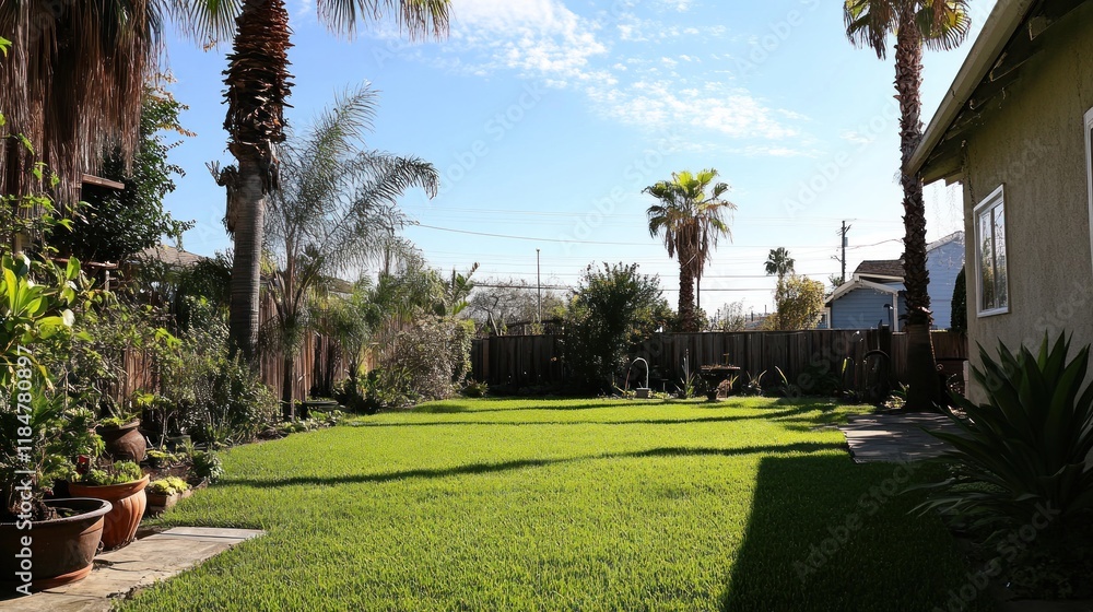 Fototapeta premium Large backyard garden of a suburban house with lush green trees on terrace with grassy lawn on sunny summer day in house garden