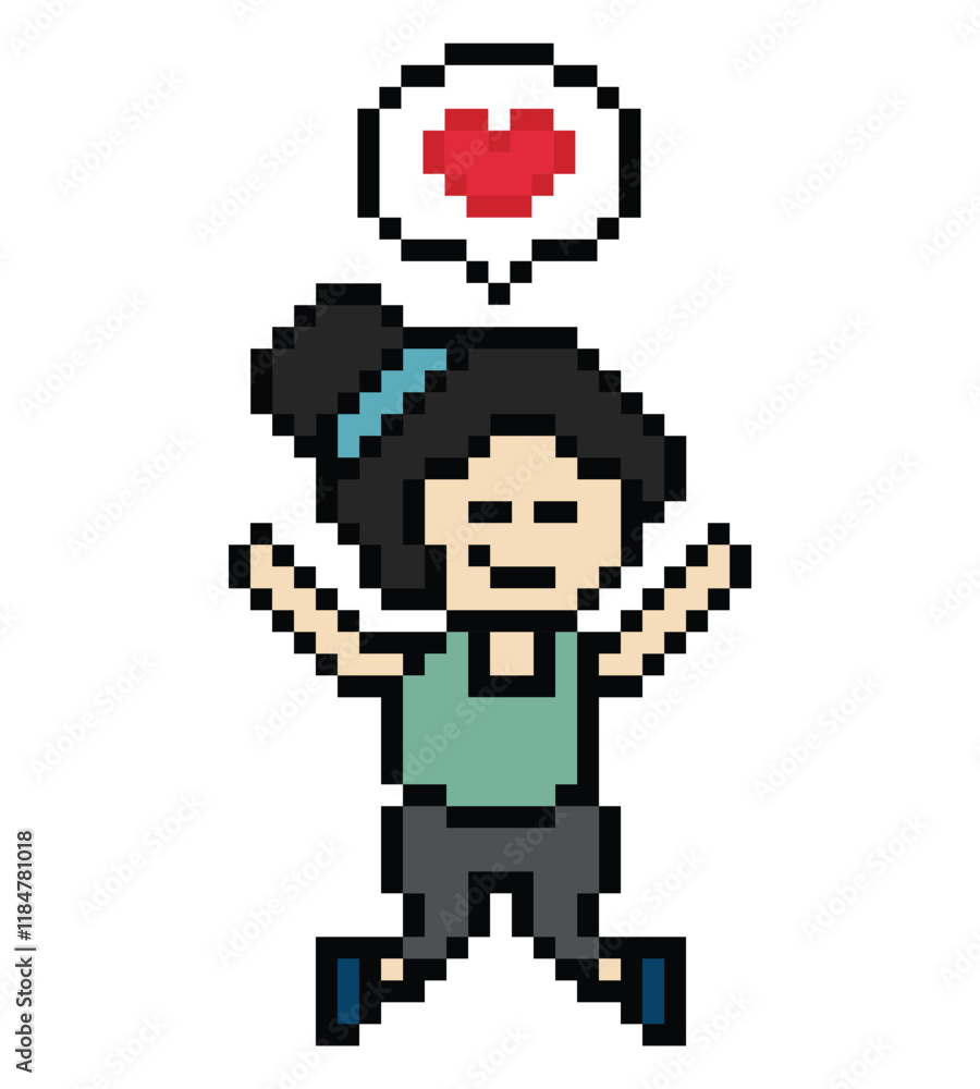 Obraz premium Cute pixel cartoon 8bit character woman lady feel happy glad happiness heart emotion lifestyle decoration life style 8 bit female girl fun happy like dance mood game isolated PNG vector.
